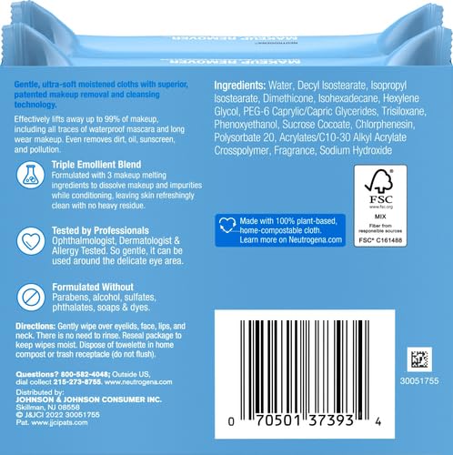 Neutrogena Makeup Remover Micellar Wipes for Face Daily Gently Removes Oil Dirt and Waterproof Makeup in a Simple Fully Plant-Based Cloth, 2 pack of 25 ct