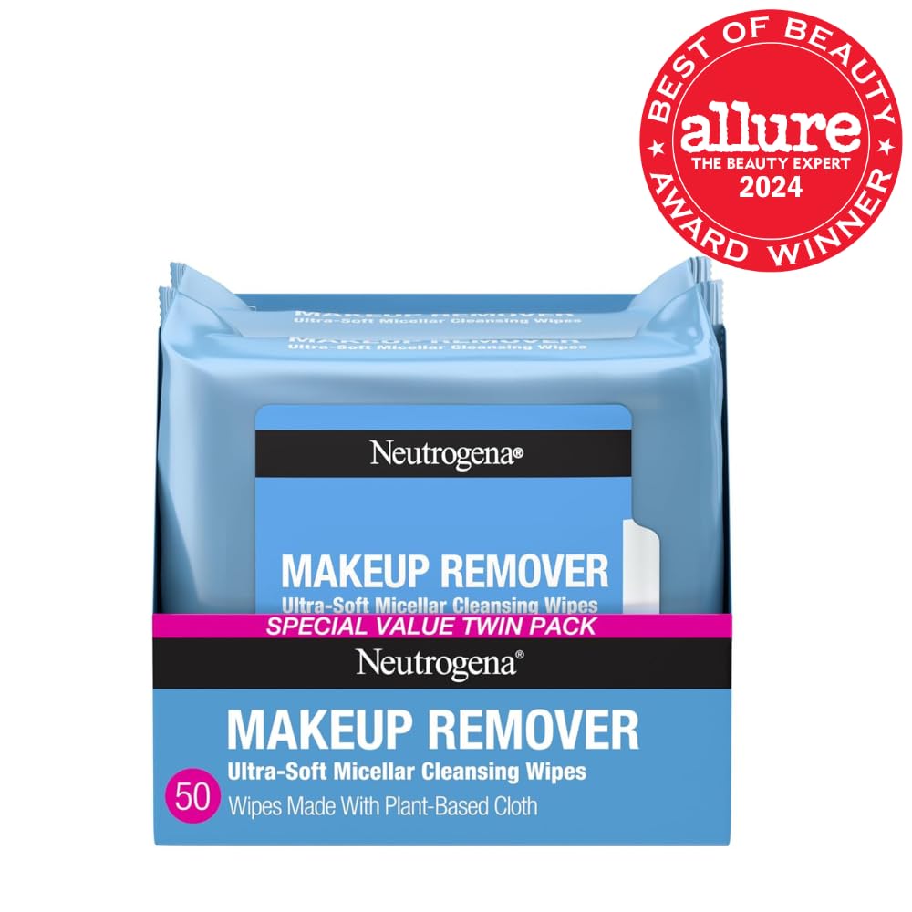Neutrogena Makeup Remover Micellar Wipes for Face Daily Gently Removes Oil Dirt and Waterproof Makeup in a Simple Fully Plant-Based Cloth, 2 pack of 25 ct