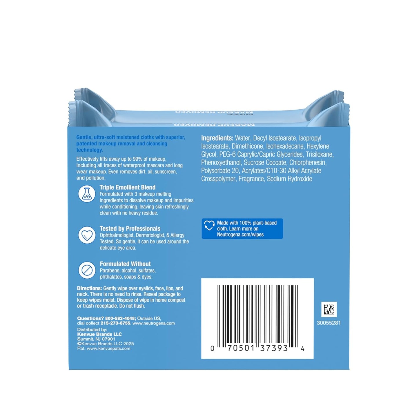 Neutrogena Makeup Remover Micellar Wipes for Face Daily Gently Removes Oil Dirt and Waterproof Makeup in a Simple Fully Plant-Based Cloth, 2 pack of 25 ct