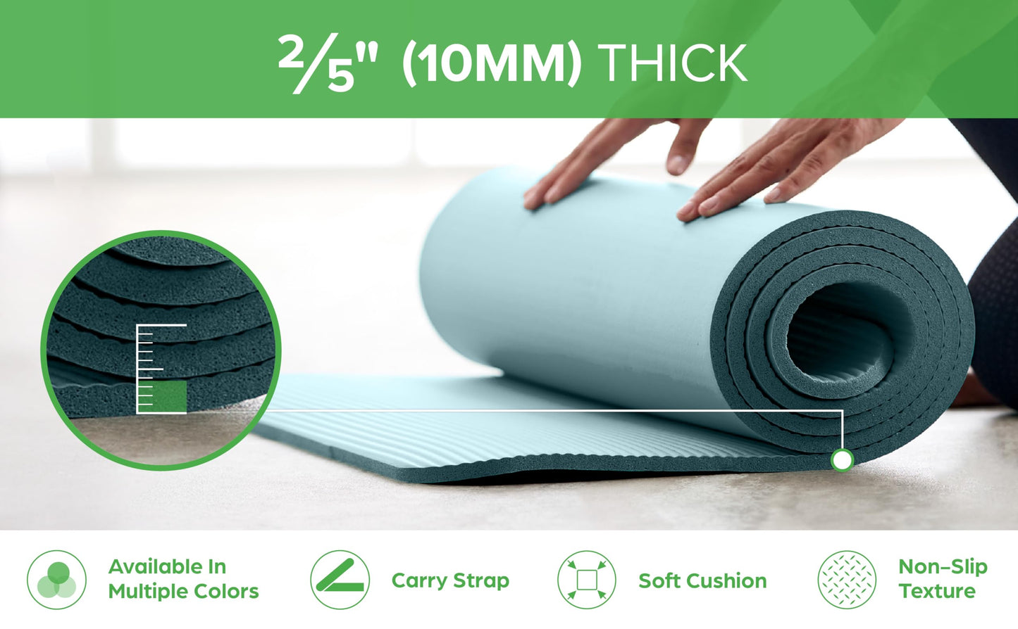 Gaiam Yoga Mat, Pilates & Exercise Mat, Thick 2/5" (10mm) Workout Mat with Easy-Cinch Carrying Strap for Home & Gym Workouts
