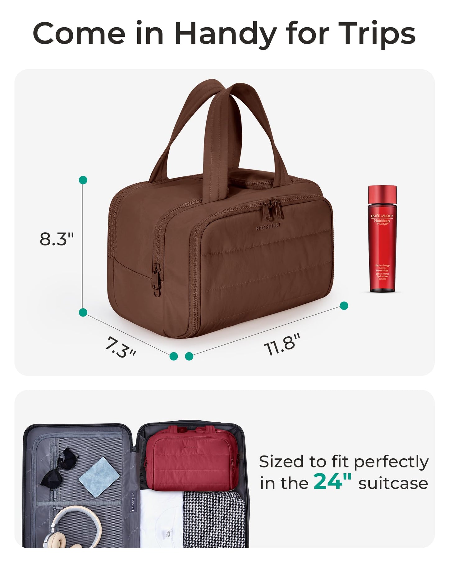 BAGSMART Travel Toiletry Bag, Lightweight Large Wide-open Travel Bag for Women, Puffy Cosmetic Makeup Bag Organizer with Handle for Accessories,Essentials, Toiletries, Dark Pink