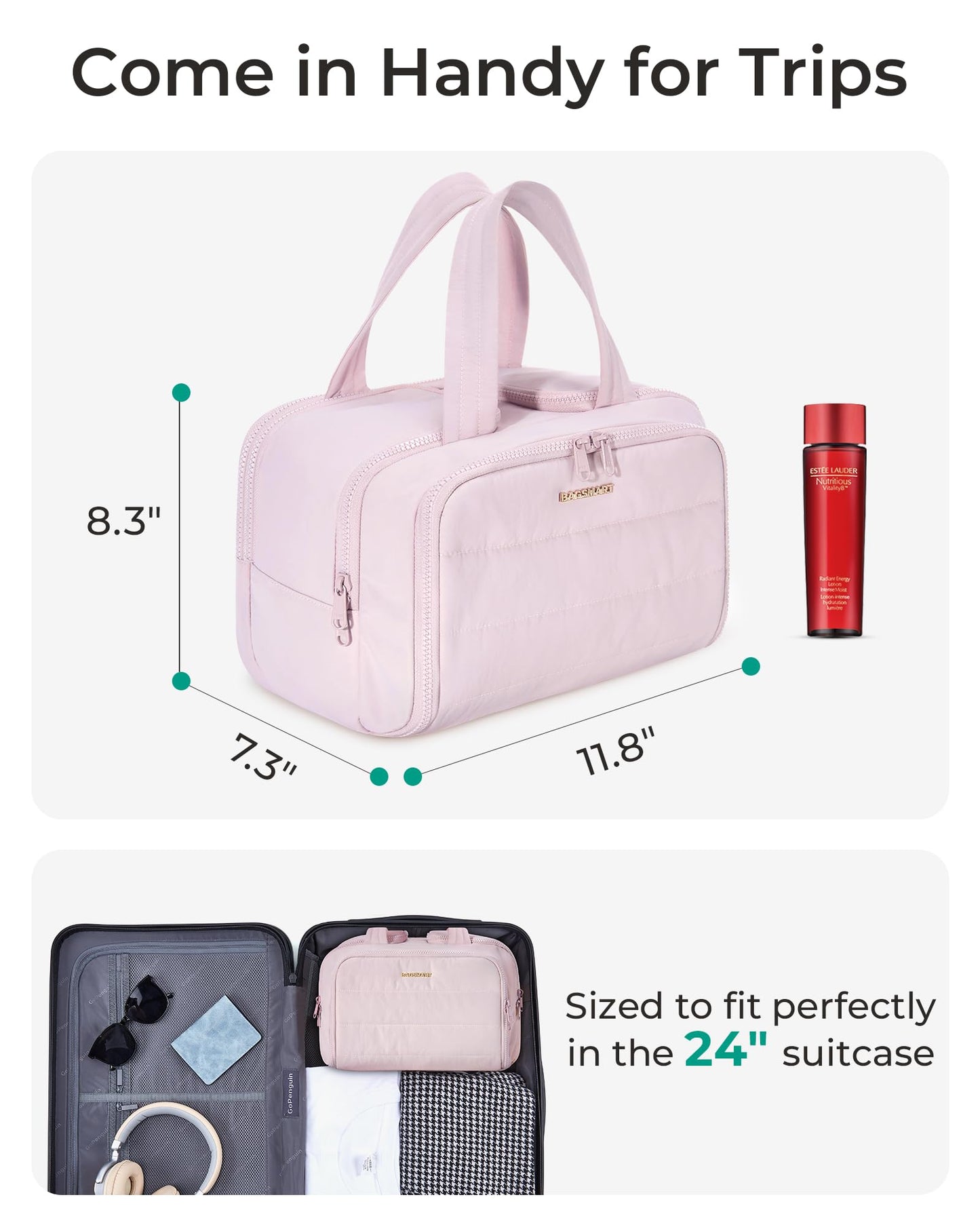 BAGSMART Travel Toiletry Bag, Lightweight Large Wide-open Travel Bag for Women, Puffy Cosmetic Makeup Bag Organizer with Handle for Accessories,Essentials, Toiletries, Dark Pink