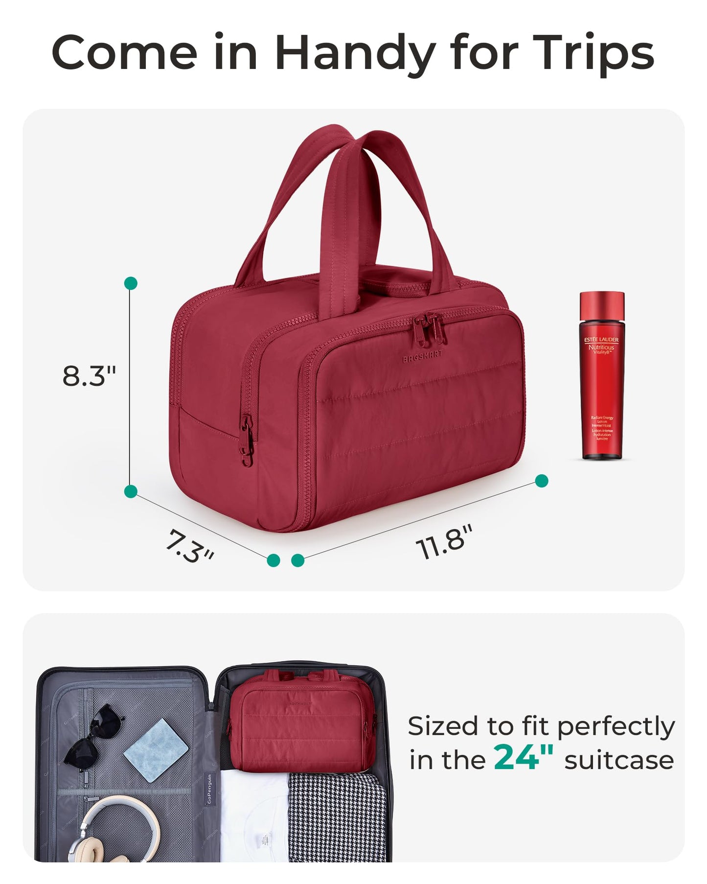 BAGSMART Travel Toiletry Bag, Lightweight Large Wide-open Travel Bag for Women, Puffy Cosmetic Makeup Bag Organizer with Handle for Accessories,Essentials, Toiletries, Dark Pink
