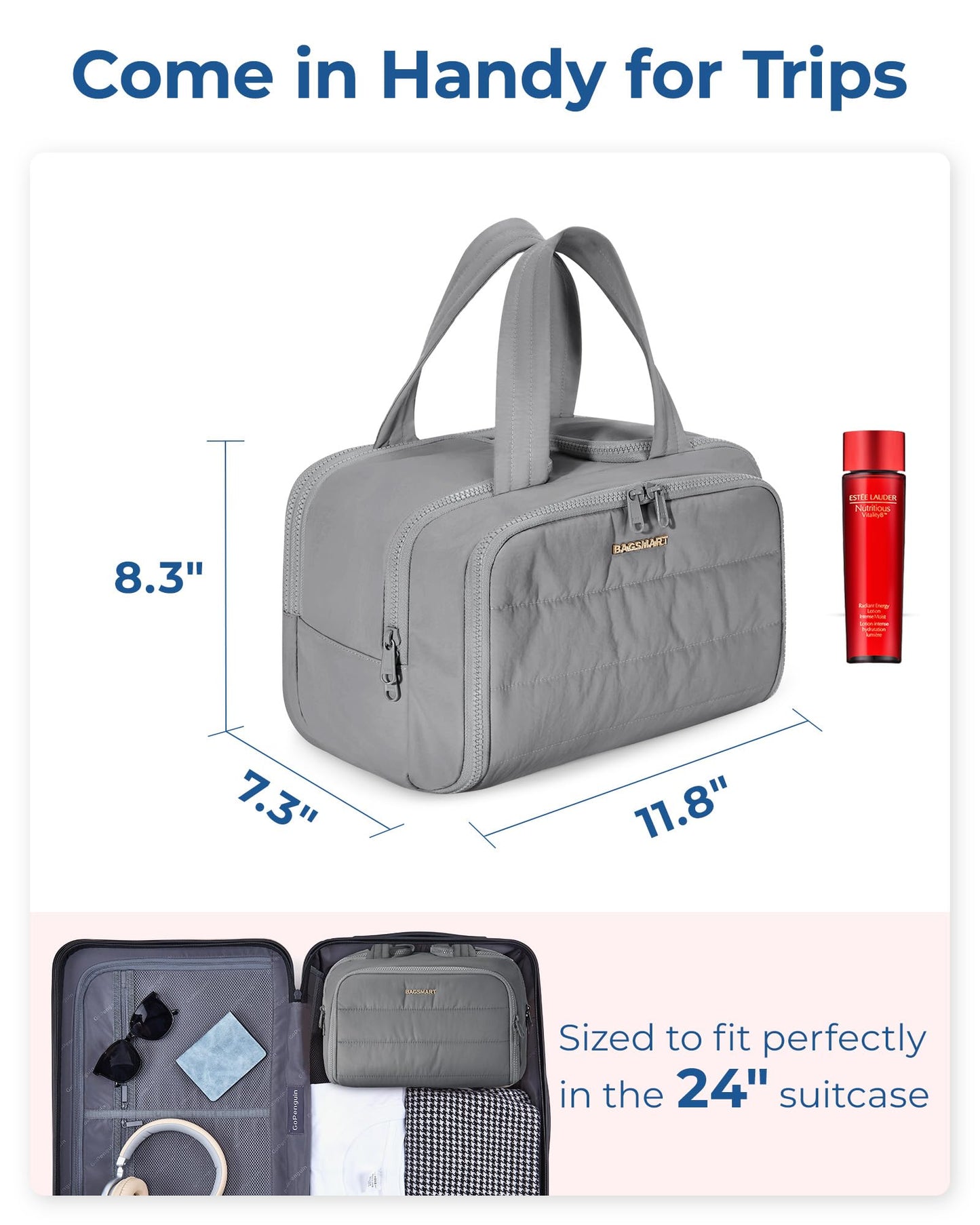 BAGSMART Travel Toiletry Bag, Lightweight Large Wide-open Travel Bag for Women, Puffy Cosmetic Makeup Bag Organizer with Handle for Accessories,Essentials, Toiletries, Dark Pink