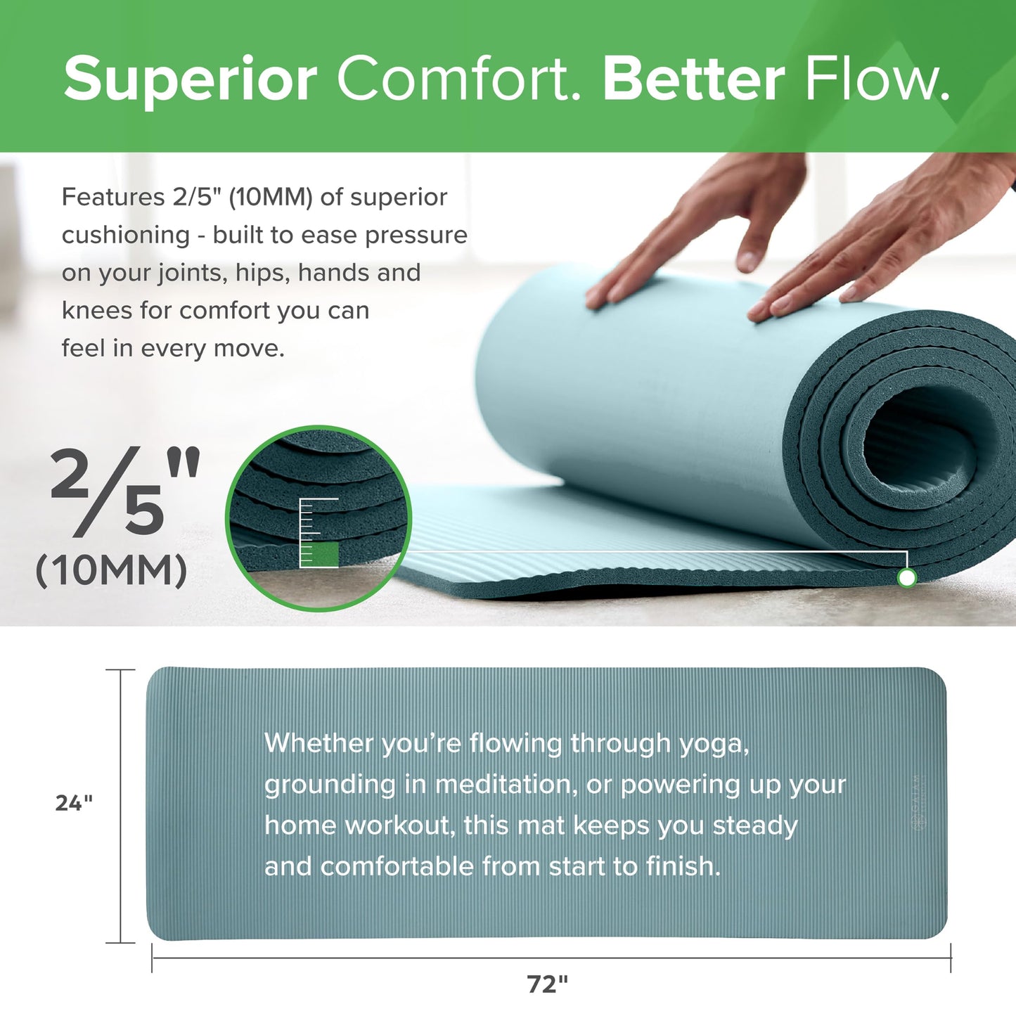 Gaiam Yoga Mat, Pilates & Exercise Mat, Thick 2/5" (10mm) Workout Mat with Easy-Cinch Carrying Strap for Home & Gym Workouts