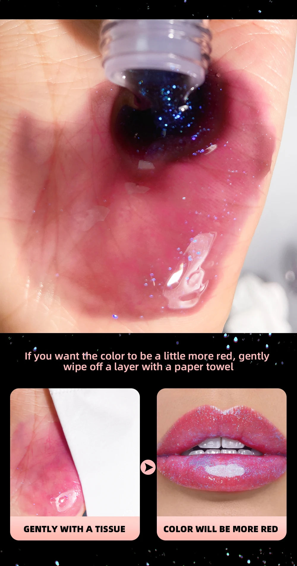 QIBEST Mirror Black Lip Oil Color Changing Lipstick Moisturizing Shiny Lip Gloss Oil Plumping Lasting Diamond Lipgloss Cosmetics
