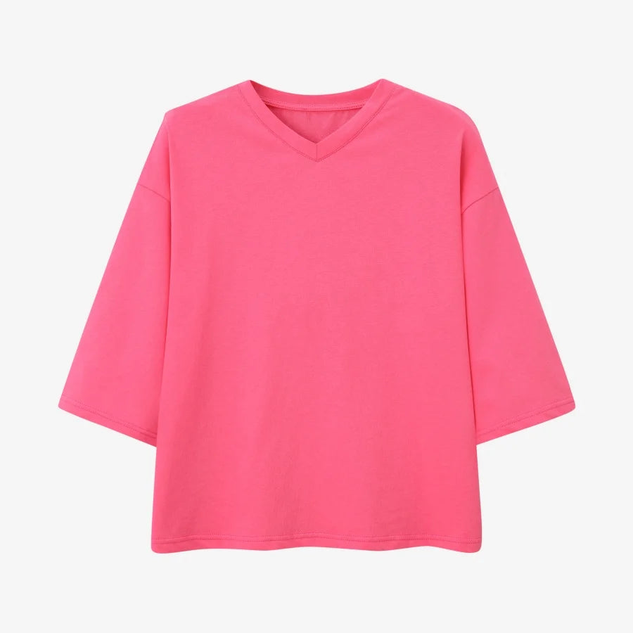 AS 2025 summer loose design drop sleeves boxy Tee V neck casual style  high quality  fabric woman clothes