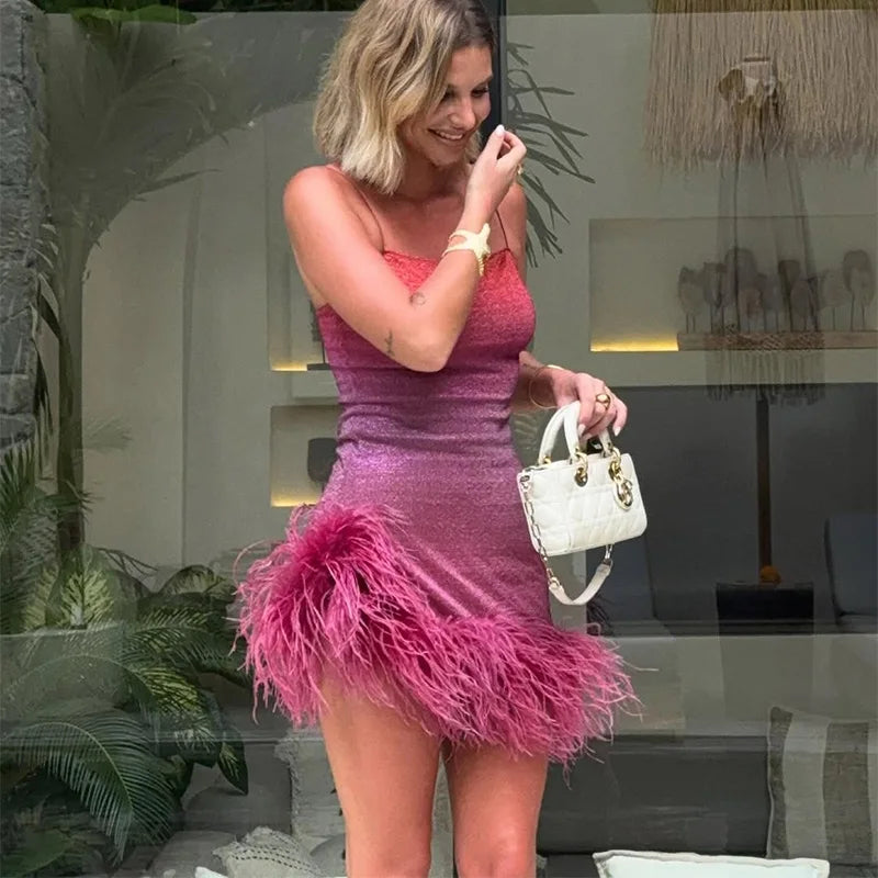 Feather Decoration Glitter Halter Dress Woman Slim Gradient Short Dresses Luxurious Shimmering Women's Vacation New Mini Dress