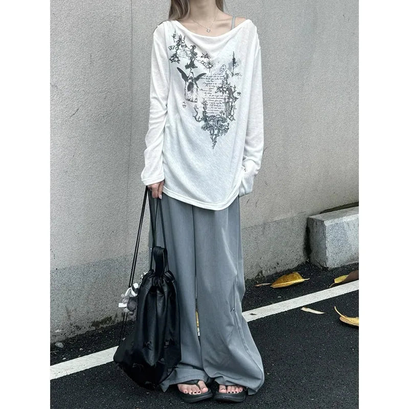 Shirts Graphic Tee Long Sleeve Loose T-shirt Slightly Transparent Thin T Shirt Y2K See Through Tops Women Korean Fashion 2024