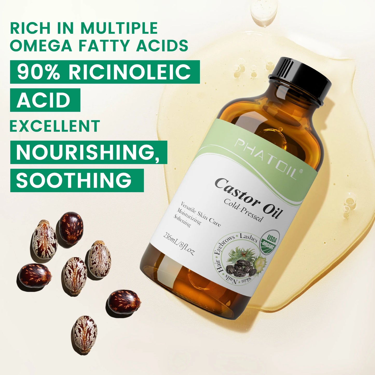 PHATOIL 1PCS Organic Castor Oils 118ml/236ml USDA Cold-Pressed Castor Oil For Eyelash & Nail Growth,Moisturize Skin,Hair Care
