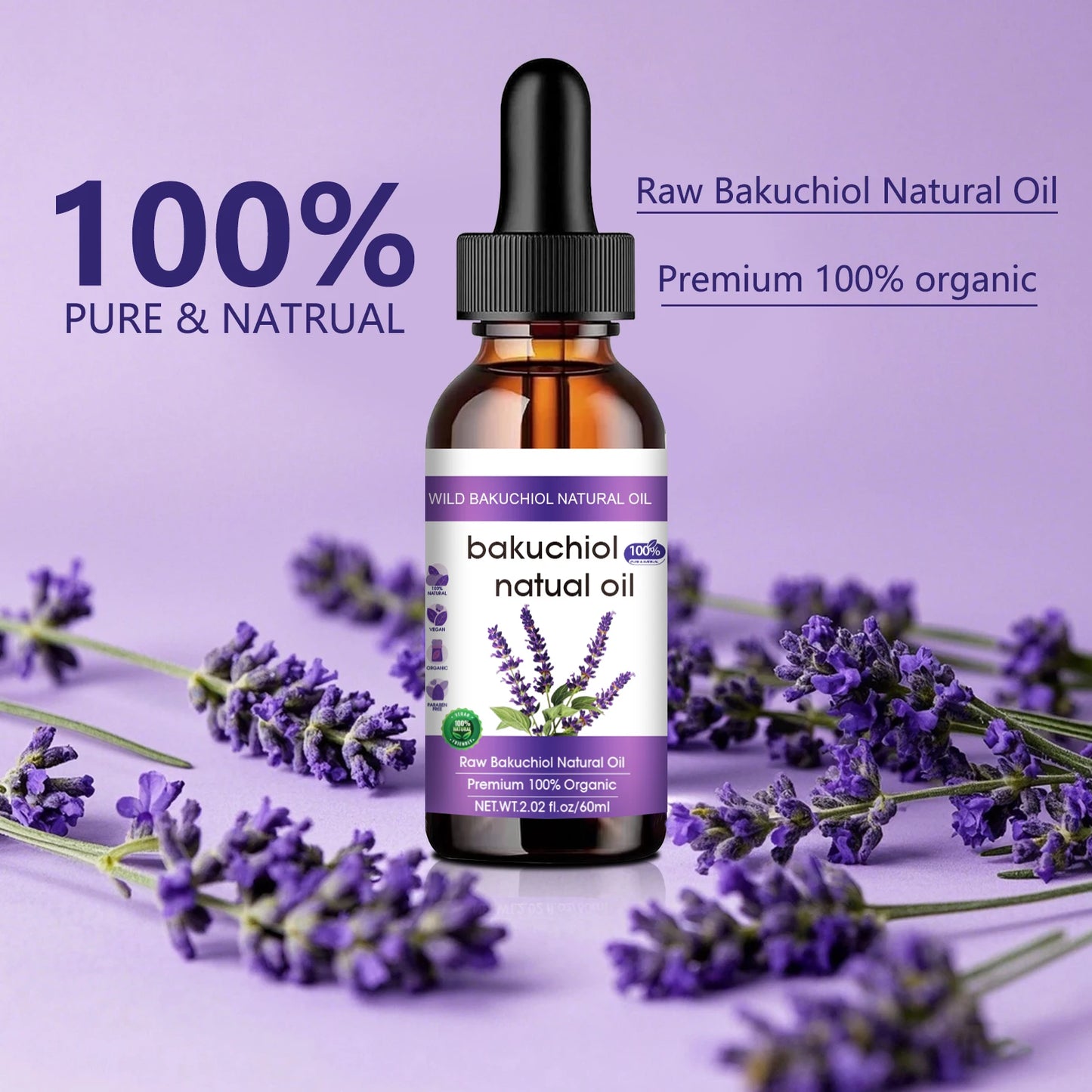 Bakuchiol Anti-Aging Face Oil 60ml - Natural Retinol Alternative with Lavender, Promotes Glowing, Youthful-Looking Skin.