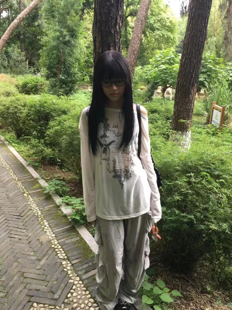 Shirts Graphic Tee Long Sleeve Loose T-shirt Slightly Transparent Thin T Shirt Y2K See Through Tops Women Korean Fashion 2024