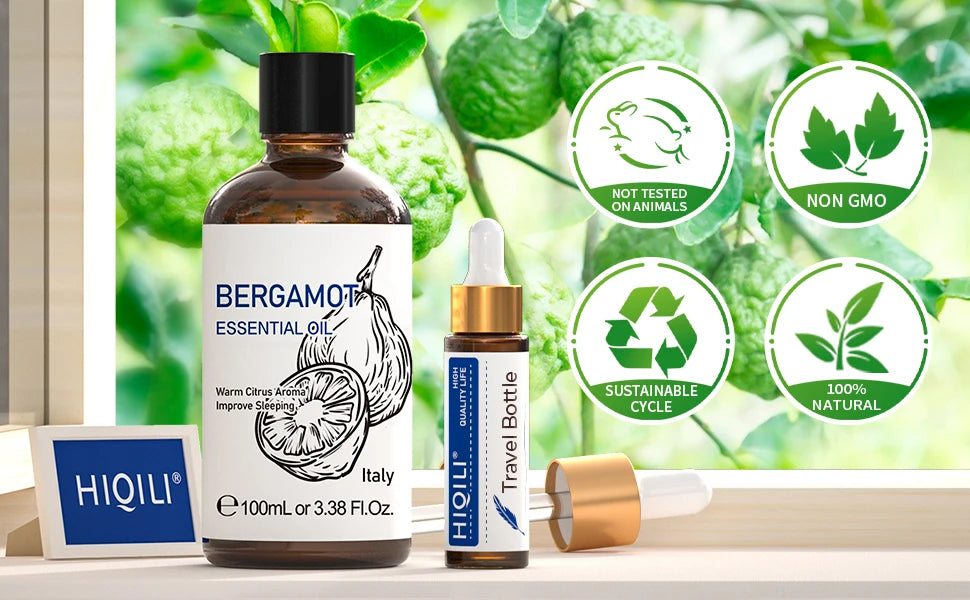 HIQILI 100ML Bergamot Essential Oils,100% Pure Nature for Aromatherapy, Diffuser, Humidifier, Massage, Deep Relaxation