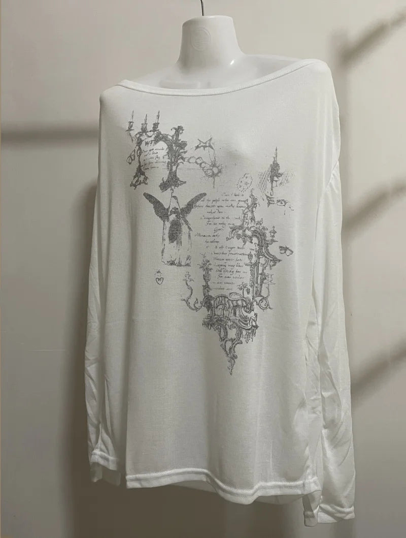 Shirts Graphic Tee Long Sleeve Loose T-shirt Slightly Transparent Thin T Shirt Y2K See Through Tops Women Korean Fashion 2024