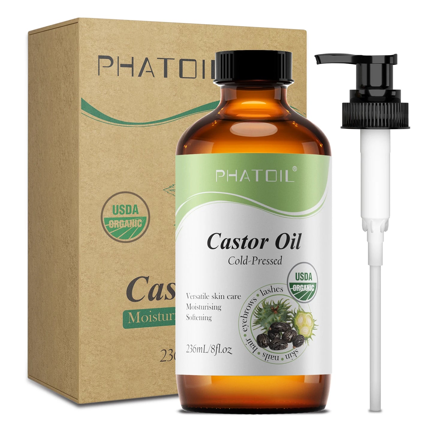 PHATOIL 1PCS Organic Castor Oils 118ml/236ml USDA Cold-Pressed Castor Oil For Eyelash & Nail Growth,Moisturize Skin,Hair Care