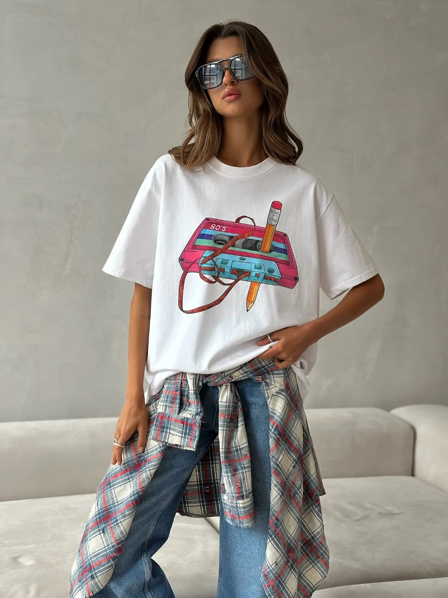 Sumuyoo 100% Cotton Women's Fashionable Printed T-shirt Casual Vintage Short-sleeve Printing T Shirts Fashion Hip Hop Loose Top