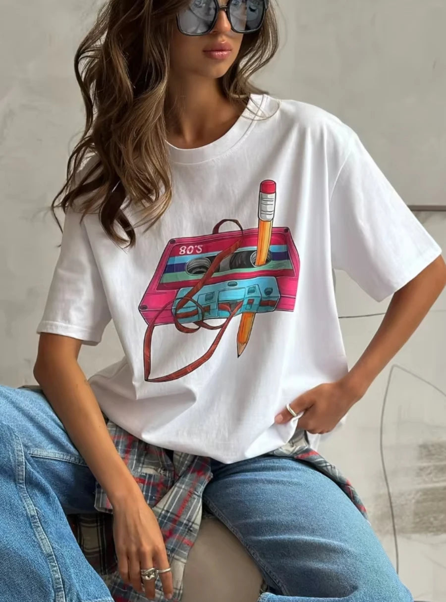 Sumuyoo 100% Cotton Women's Fashionable Printed T-shirt Casual Vintage Short-sleeve Printing T Shirts Fashion Hip Hop Loose Top
