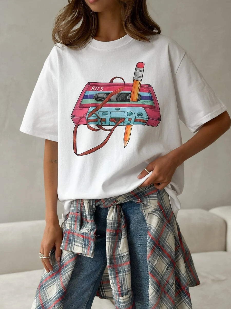 Sumuyoo 100% Cotton Women's Fashionable Printed T-shirt Casual Vintage Short-sleeve Printing T Shirts Fashion Hip Hop Loose Top