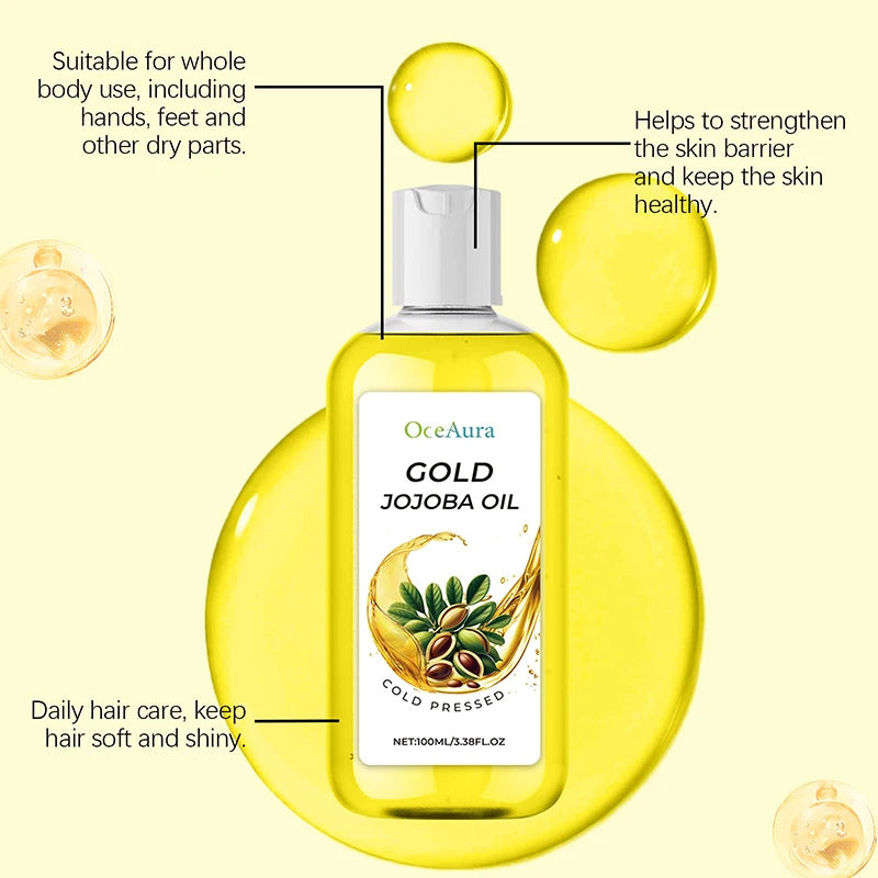 Gold Jojoba Body Face & Hair Care Essential Oil,Soft Smooth Skin Moisturizing Massage,Hair Scalp Hydrating Nourishing Essence