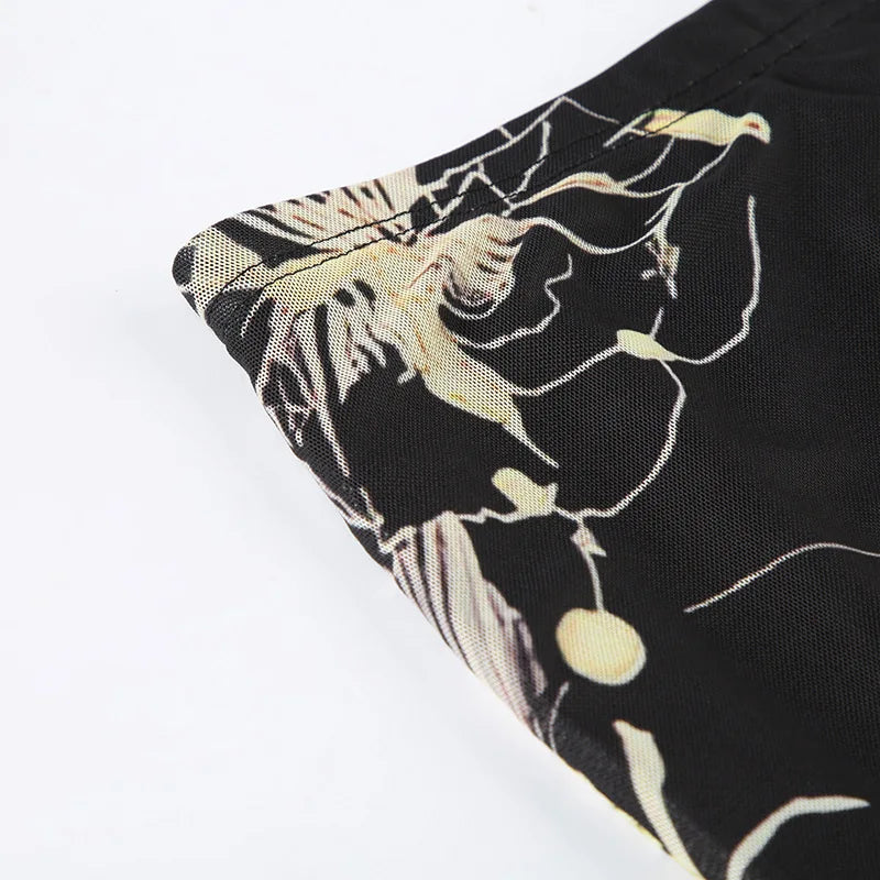Goth Dark Y2K Aestheics Double Layer Mesh A-line Skirt Women Fashion Florals Print Slim Skirts Fairy Streetwear Gothic Bottoms