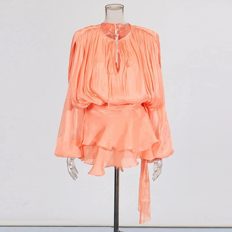TWOTWINSTYLE Solid Loose Spliced Lace Up Elegant Dresses for Women Round Neck Long Sleeves Patchwork Folds Dress Female Style