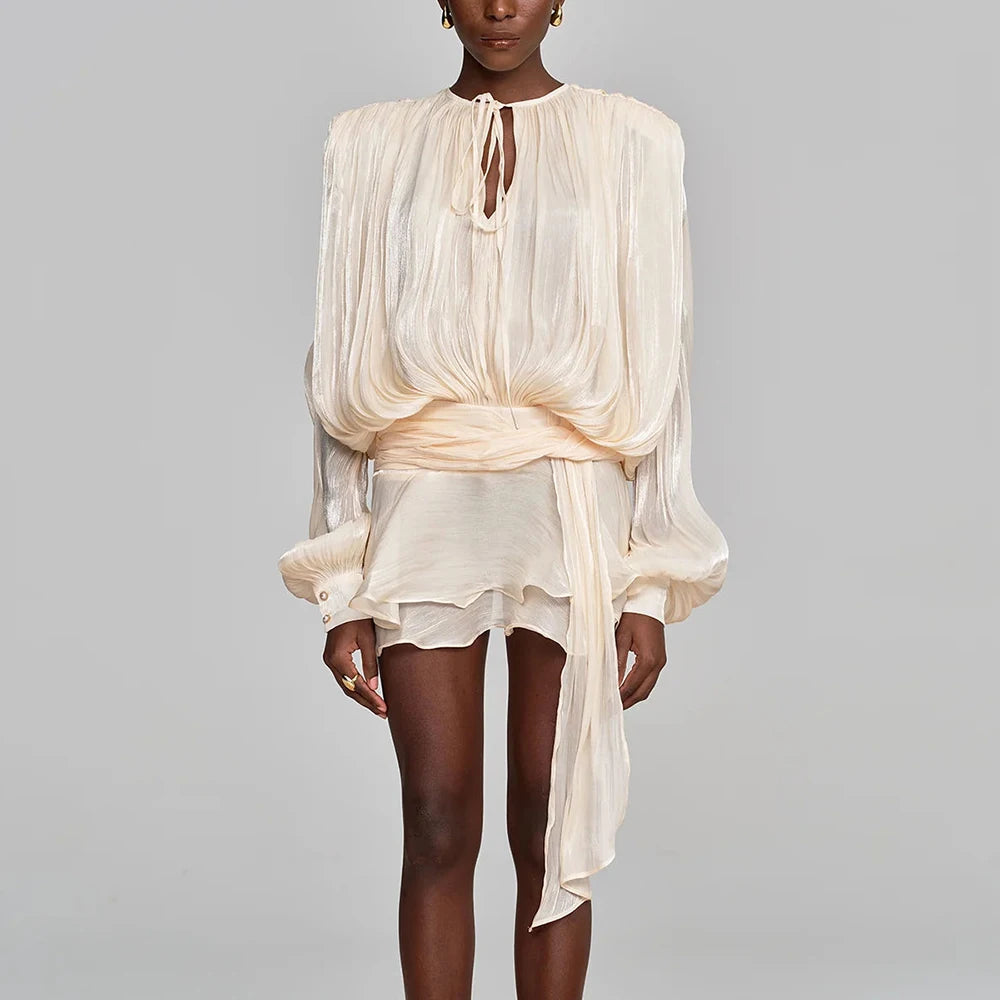 TWOTWINSTYLE Solid Loose Spliced Lace Up Elegant Dresses for Women Round Neck Long Sleeves Patchwork Folds Dress Female Style
