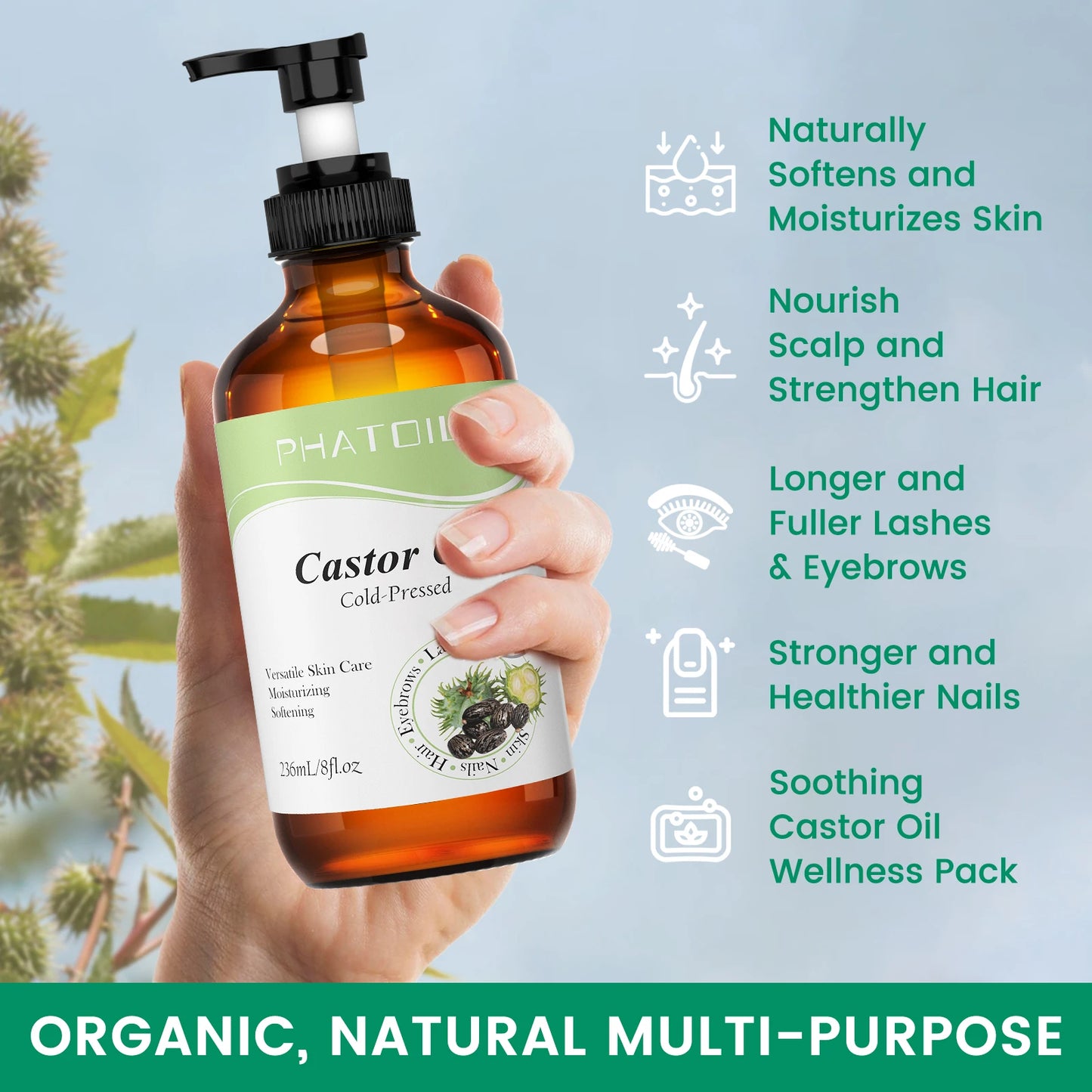 PHATOIL 1PCS Organic Castor Oils 118ml/236ml USDA Cold-Pressed Castor Oil For Eyelash & Nail Growth,Moisturize Skin,Hair Care