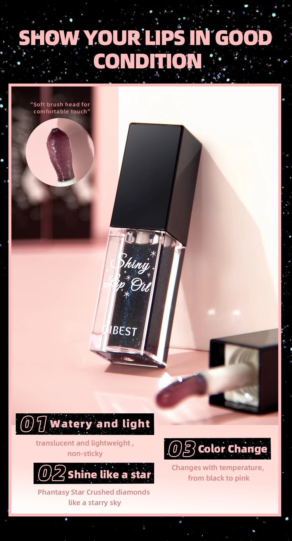 QIBEST Mirror Black Lip Oil Color Changing Lipstick Moisturizing Shiny Lip Gloss Oil Plumping Lasting Diamond Lipgloss Cosmetics