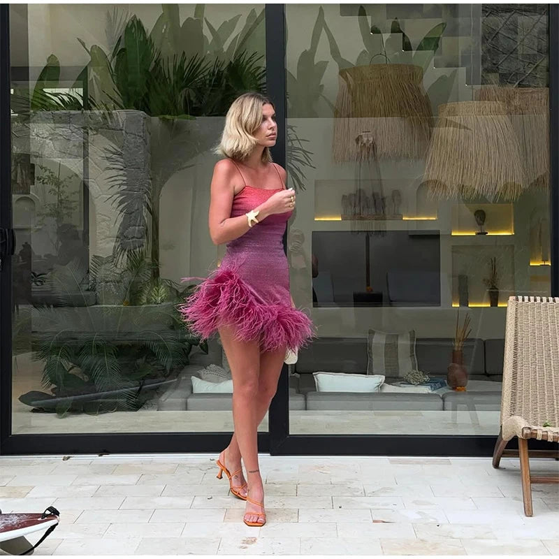 Feather Decoration Glitter Halter Dress Woman Slim Gradient Short Dresses Luxurious Shimmering Women's Vacation New Mini Dress