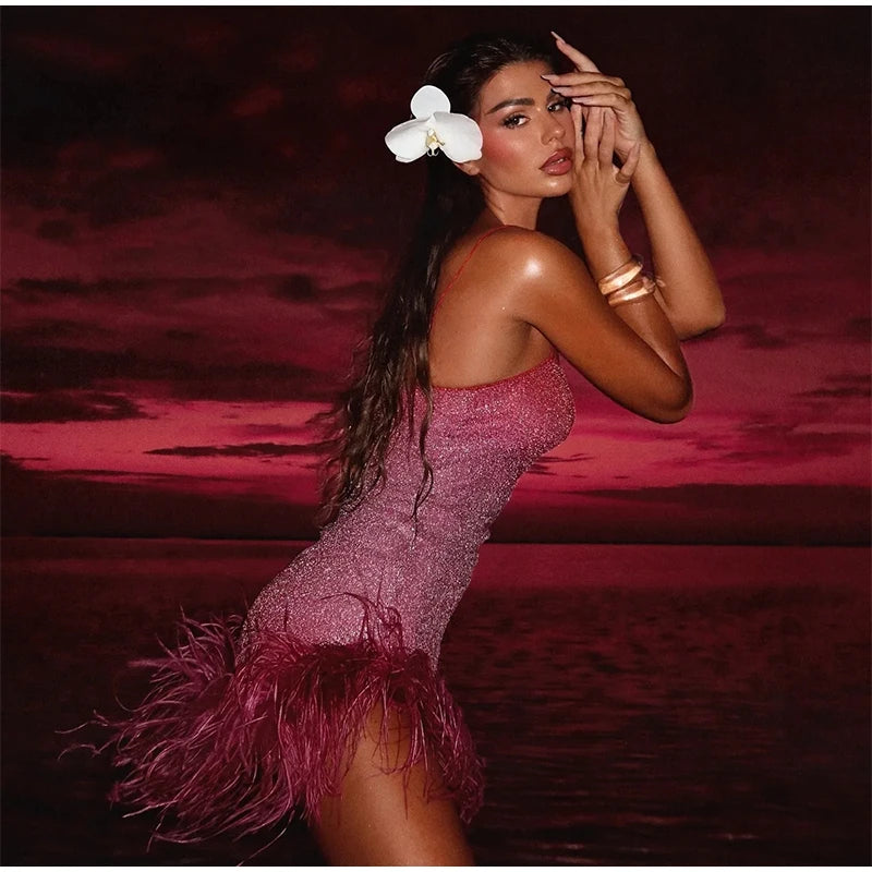 Feather Decoration Glitter Halter Dress Woman Slim Gradient Short Dresses Luxurious Shimmering Women's Vacation New Mini Dress