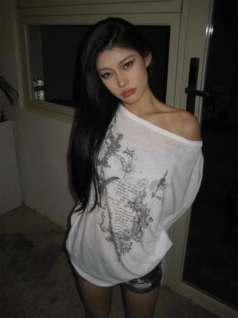 Shirts Graphic Tee Long Sleeve Loose T-shirt Slightly Transparent Thin T Shirt Y2K See Through Tops Women Korean Fashion 2024