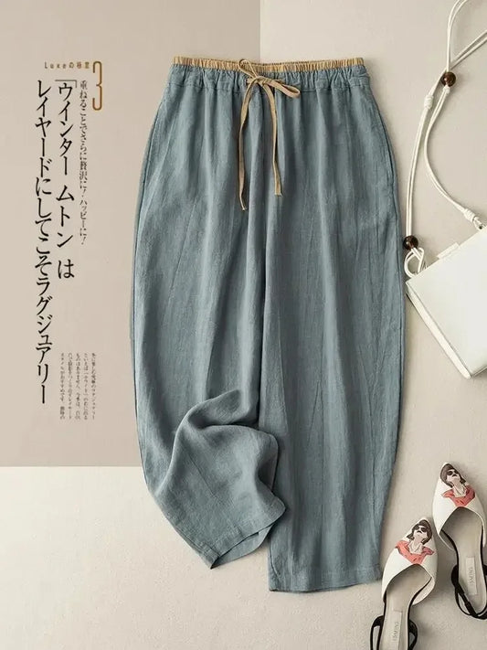 Summer Retro Cotton Linen Loose Harem Pants Elastic Drawstring Waist Casual Pants Basic Versatility Wide-leg Ankle-Length Pants