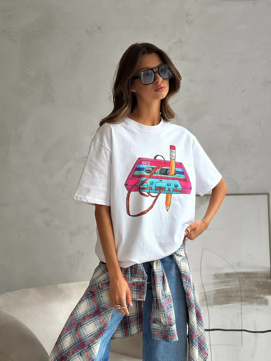 Sumuyoo 100% Cotton Women's Fashionable Printed T-shirt Casual Vintage Short-sleeve Printing T Shirts Fashion Hip Hop Loose Top
