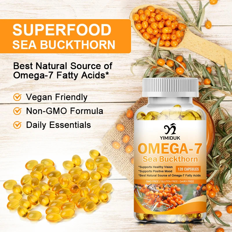 Organic Sea Buckthorn Oil, Omega-7 Complete Softgels, 120 Count, with Omega 3, 6 & 9, Supports Hair, Skin & Nail Health