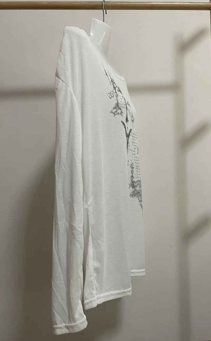 Shirts Graphic Tee Long Sleeve Loose T-shirt Slightly Transparent Thin T Shirt Y2K See Through Tops Women Korean Fashion 2024