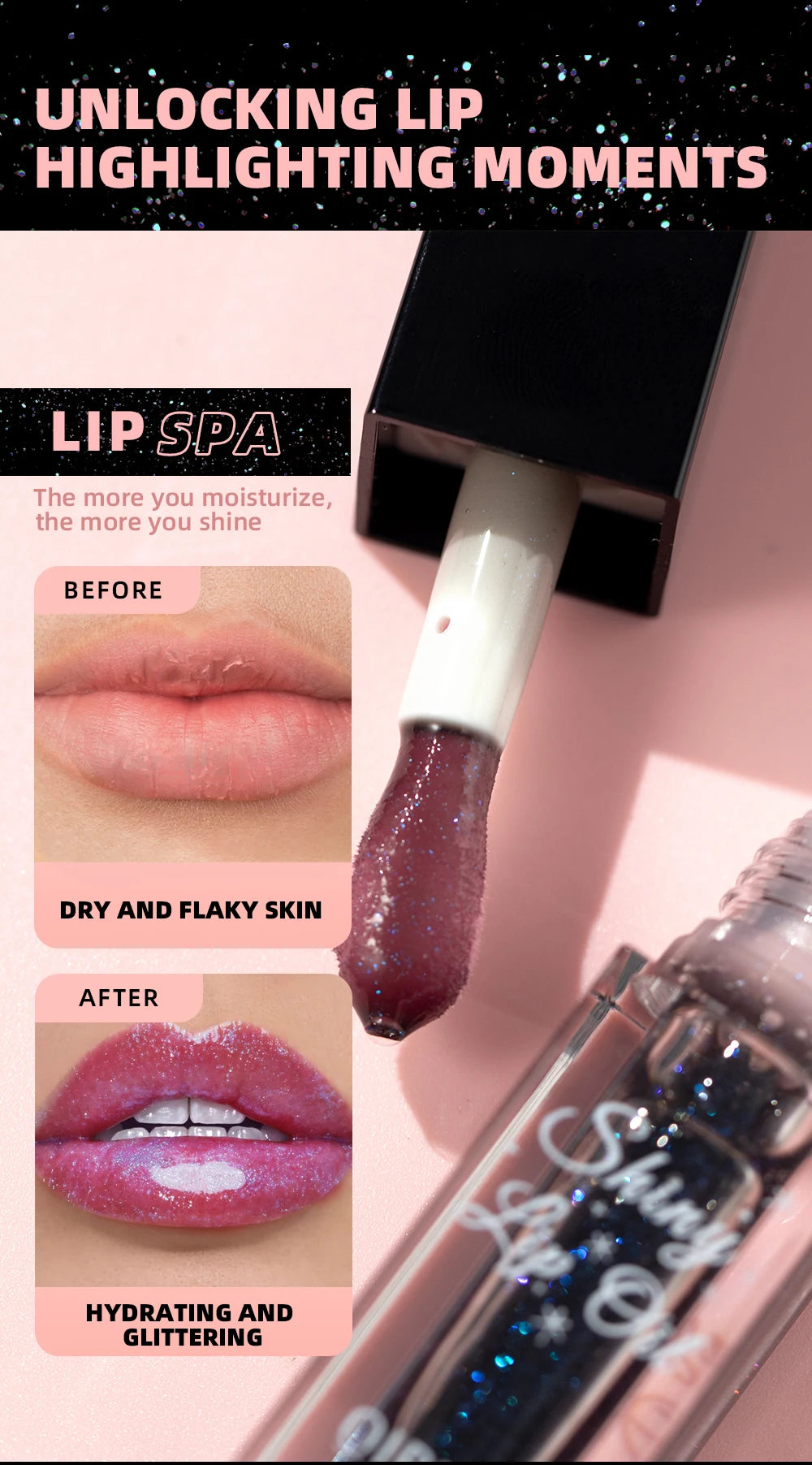 QIBEST Mirror Black Lip Oil Color Changing Lipstick Moisturizing Shiny Lip Gloss Oil Plumping Lasting Diamond Lipgloss Cosmetics