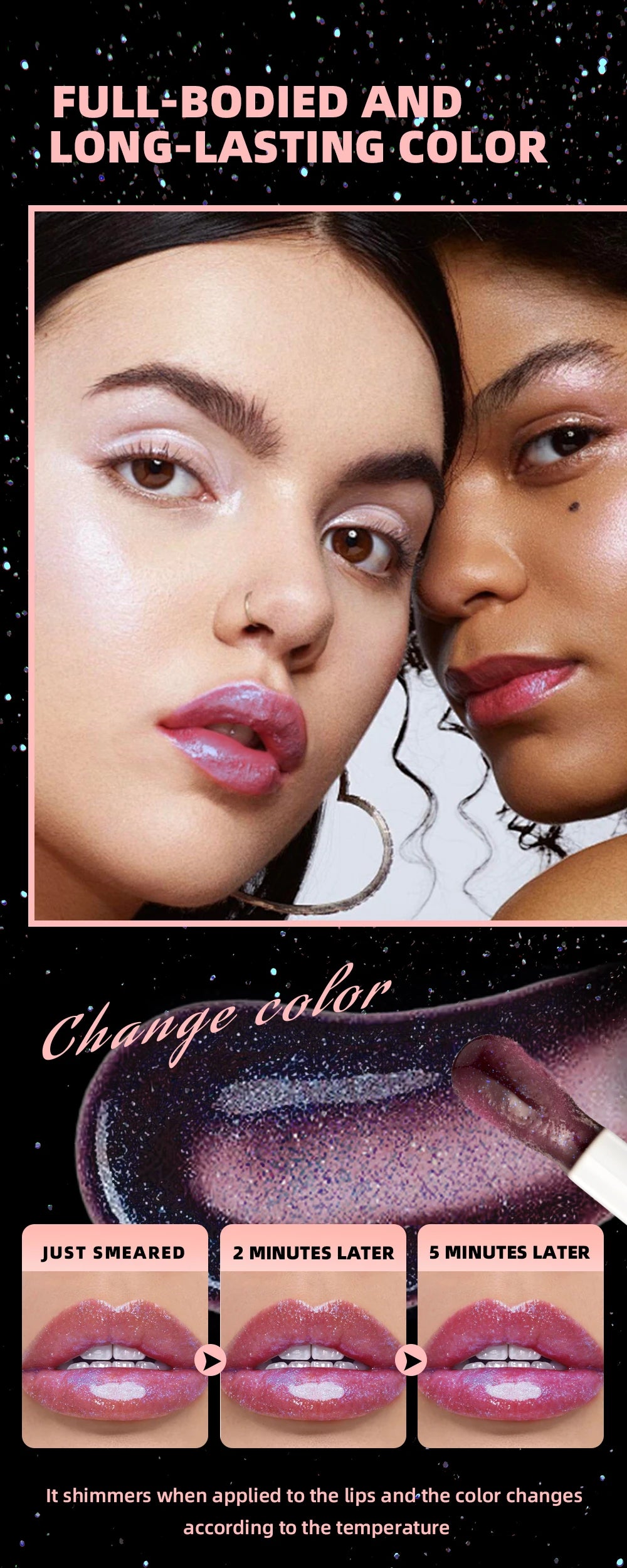 QIBEST Mirror Black Lip Oil Color Changing Lipstick Moisturizing Shiny Lip Gloss Oil Plumping Lasting Diamond Lipgloss Cosmetics