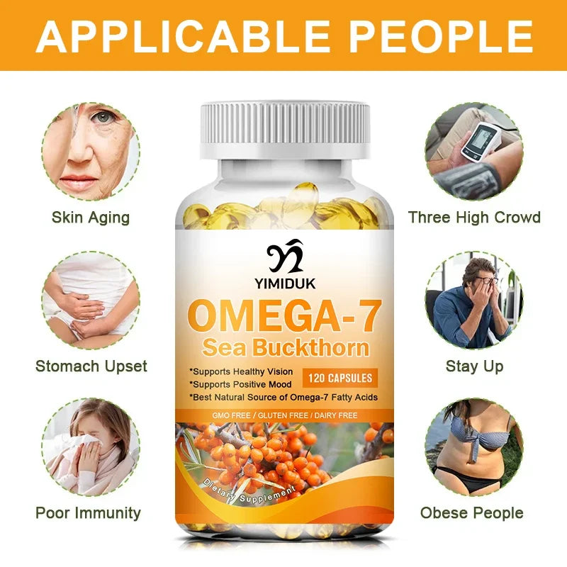 Organic Sea Buckthorn Oil, Omega-7 Complete Softgels, 120 Count, with Omega 3, 6 & 9, Supports Hair, Skin & Nail Health