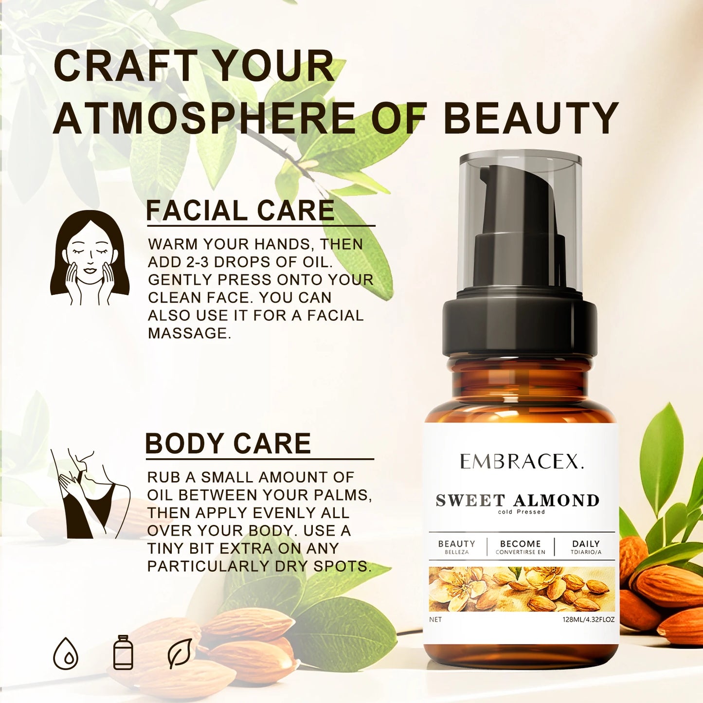 128ml Sweet Almond Oil Carrier Oils Nourishing Body Fingers Hands All Skin Types Moisturizing Skin Suitable For All Hair Types
