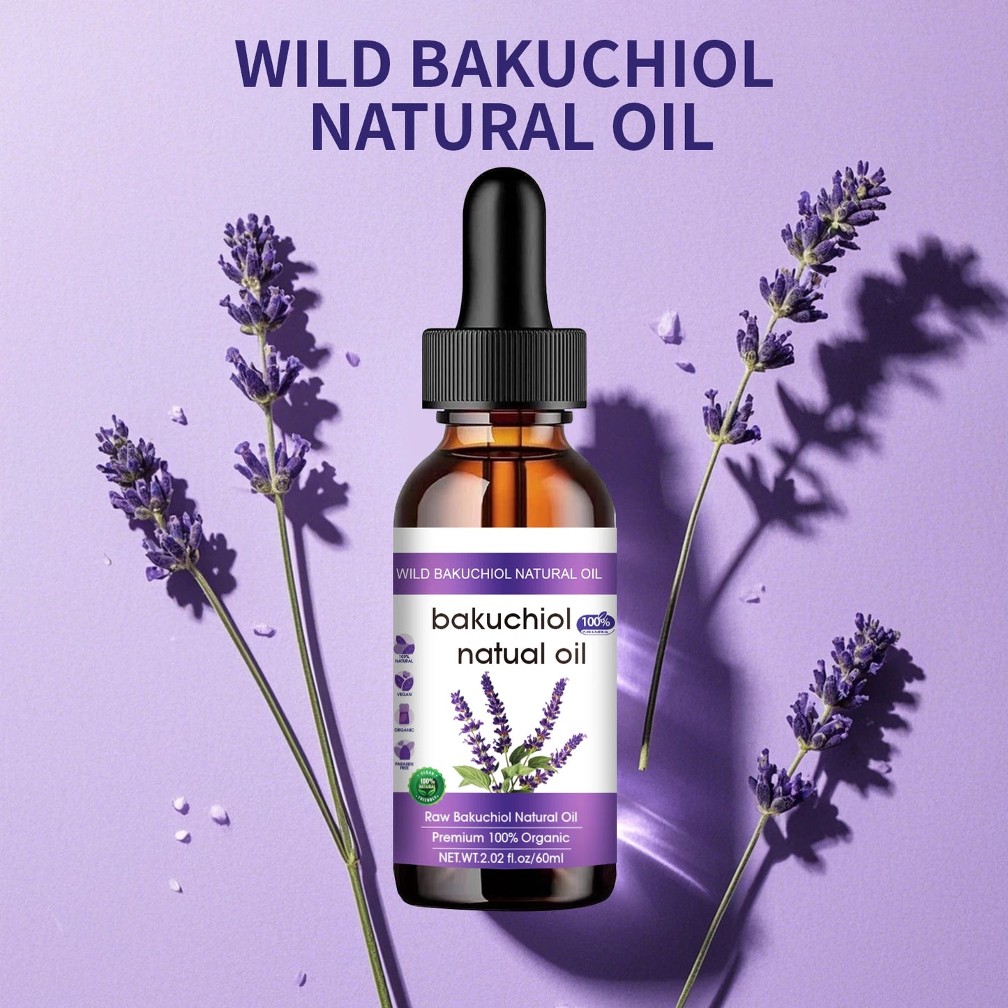 Bakuchiol Anti-Aging Face Oil 60ml - Natural Retinol Alternative with Lavender, Promotes Glowing, Youthful-Looking Skin.