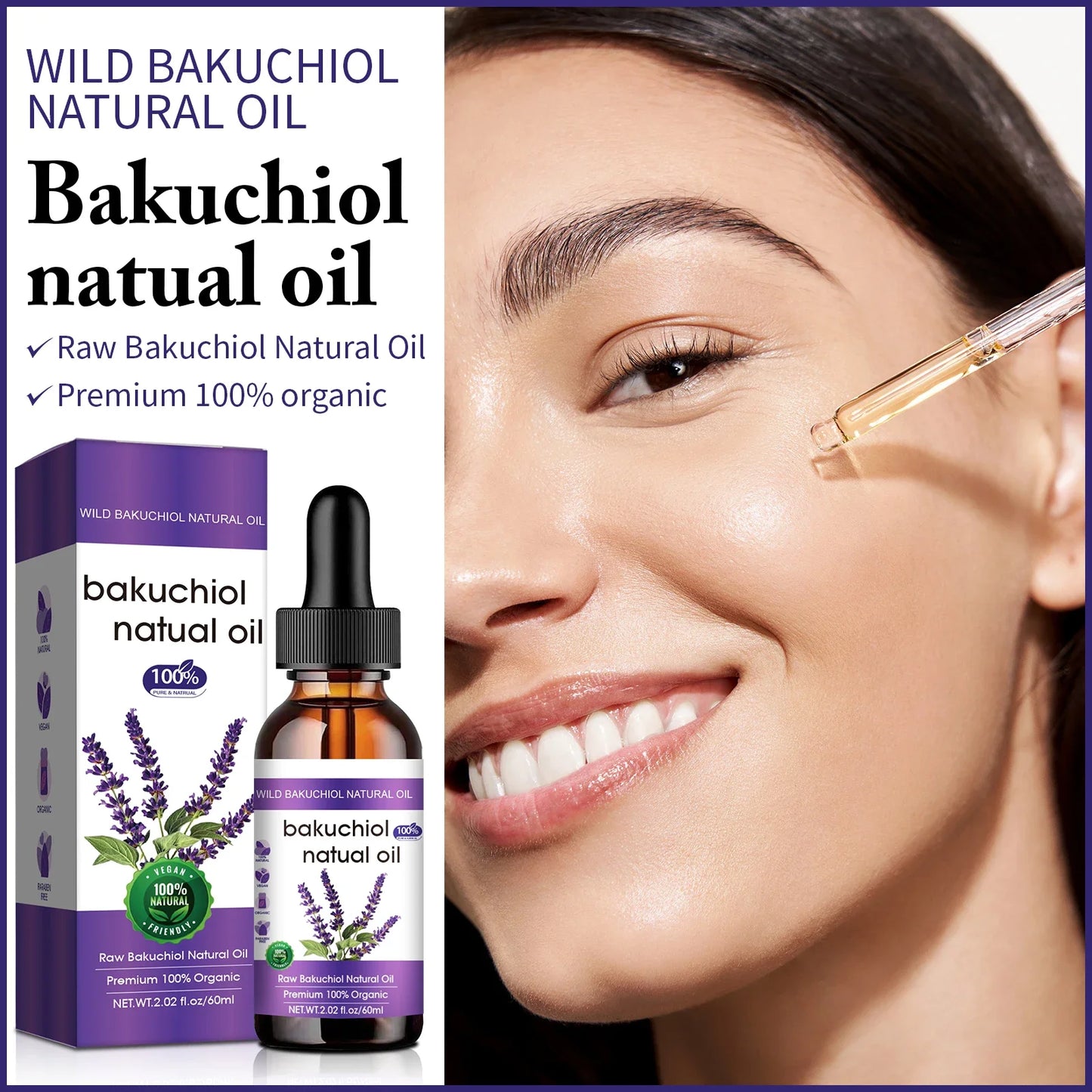 Bakuchiol Anti-Aging Face Oil 60ml - Natural Retinol Alternative with Lavender, Promotes Glowing, Youthful-Looking Skin.