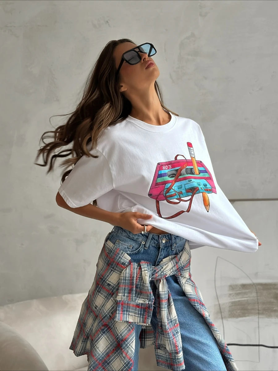 Sumuyoo 100% Cotton Women's Fashionable Printed T-shirt Casual Vintage Short-sleeve Printing T Shirts Fashion Hip Hop Loose Top