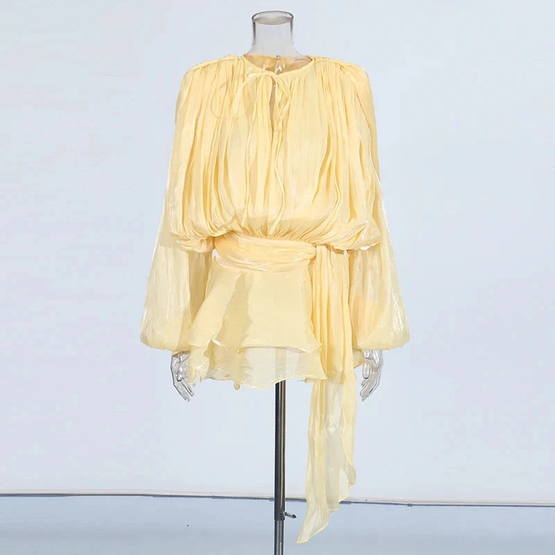 TWOTWINSTYLE Solid Loose Spliced Lace Up Elegant Dresses for Women Round Neck Long Sleeves Patchwork Folds Dress Female Style