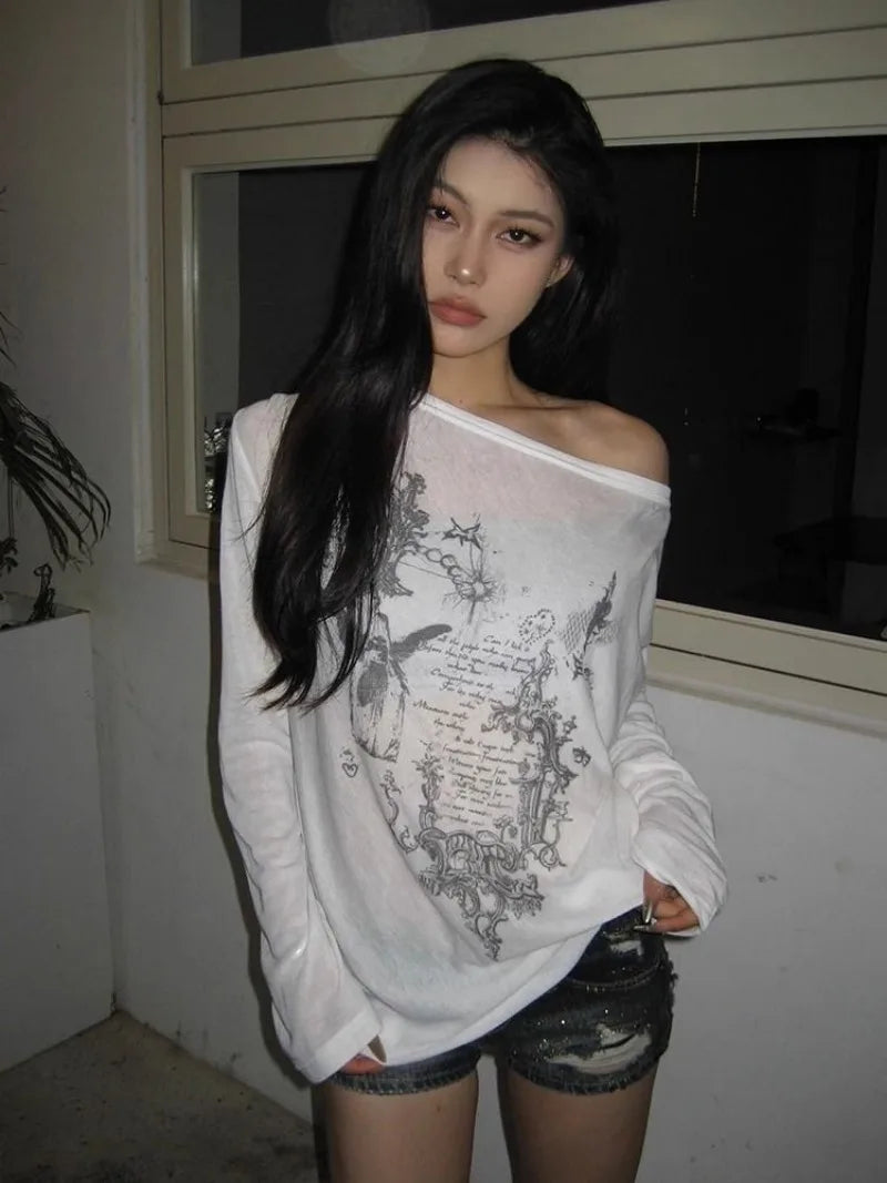 Shirts Graphic Tee Long Sleeve Loose T-shirt Slightly Transparent Thin T Shirt Y2K See Through Tops Women Korean Fashion 2024