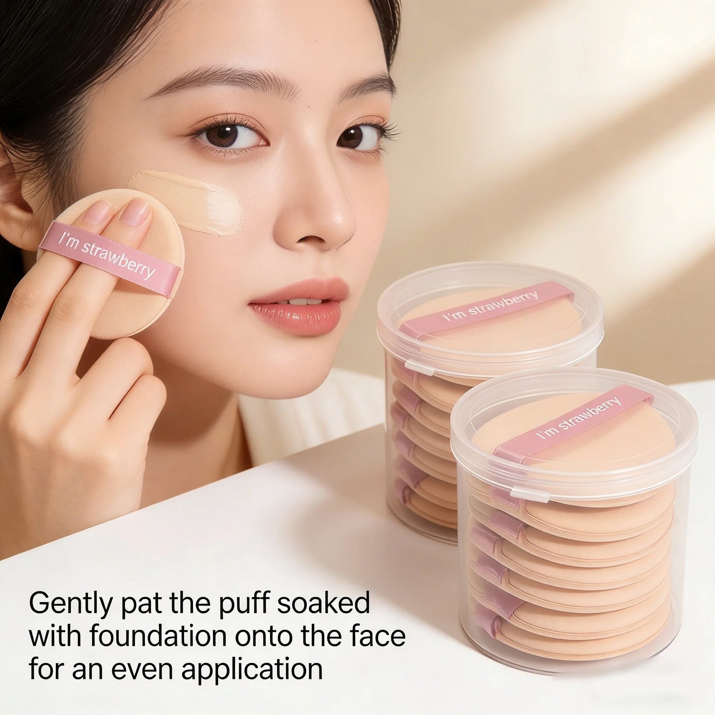 7 pieces of round ribbon-wrapped air-filled cushion powder applicators, suitable for both dry and wet use, non-powdery.