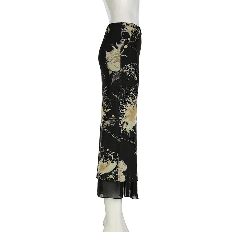 Goth Dark Y2K Aestheics Double Layer Mesh A-line Skirt Women Fashion Florals Print Slim Skirts Fairy Streetwear Gothic Bottoms