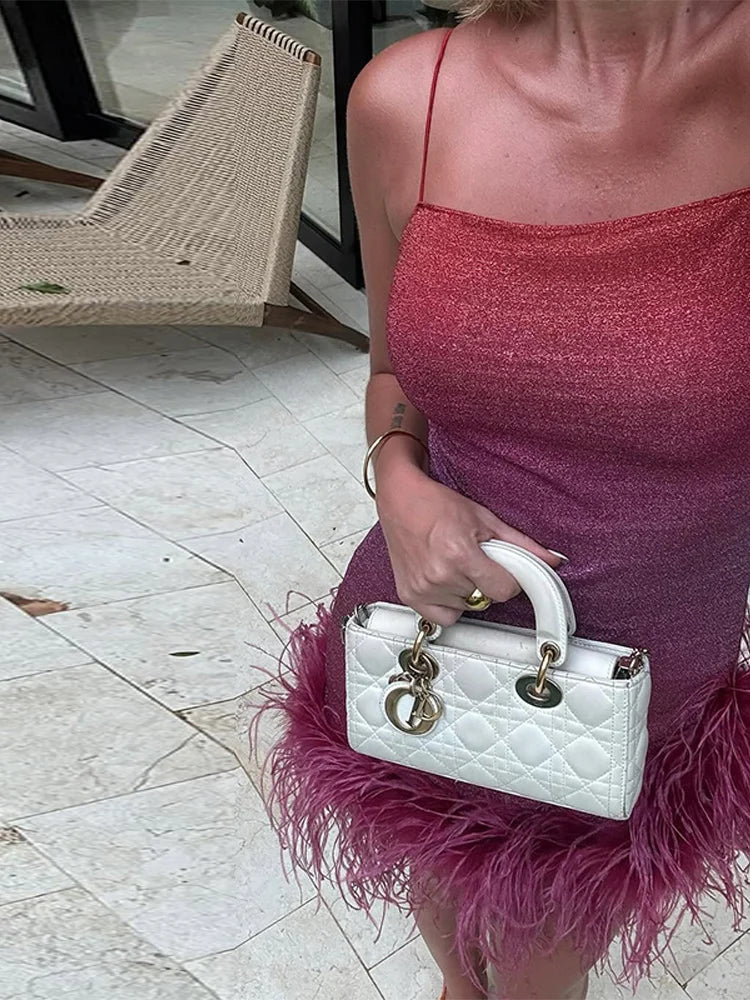 Feather Decoration Glitter Halter Dress Woman Slim Gradient Short Dresses Luxurious Shimmering Women's Vacation New Mini Dress