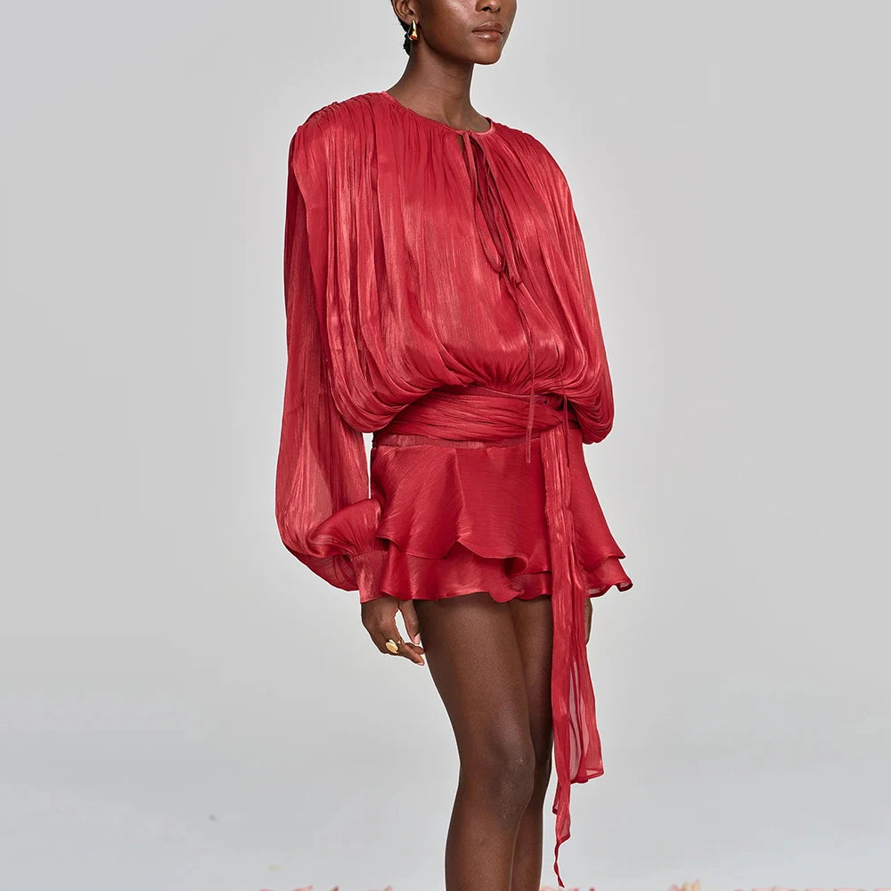 TWOTWINSTYLE Solid Loose Spliced Lace Up Elegant Dresses for Women Round Neck Long Sleeves Patchwork Folds Dress Female Style