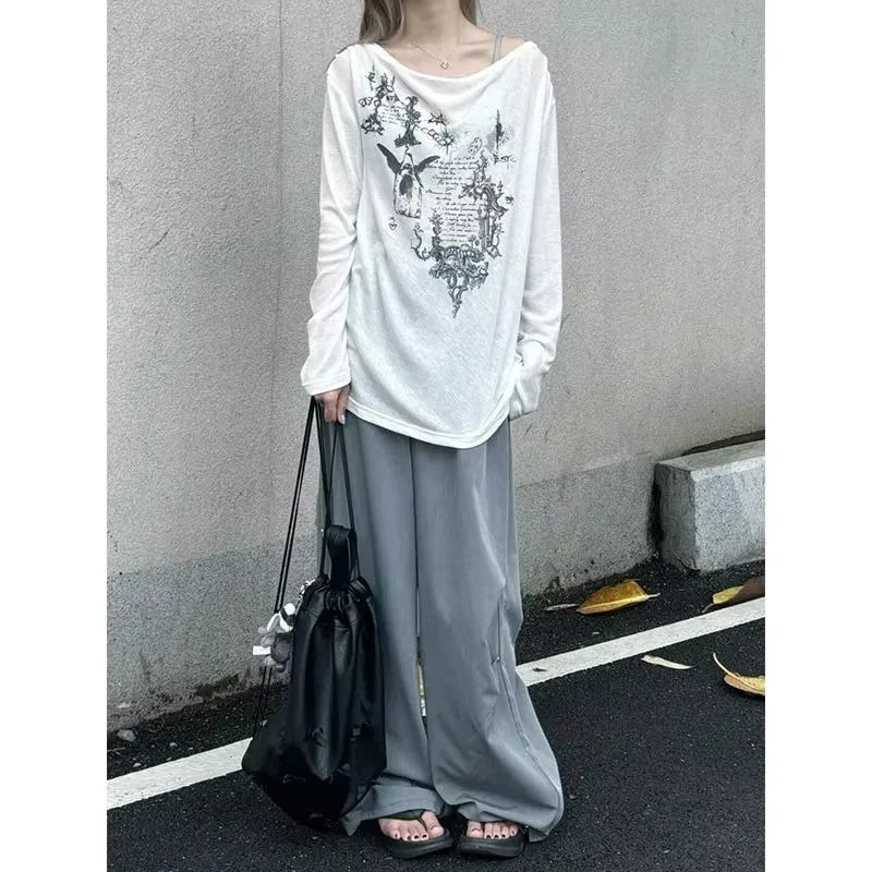 Shirts Graphic Tee Long Sleeve Loose T-shirt Slightly Transparent Thin T Shirt Y2K See Through Tops Women Korean Fashion 2024