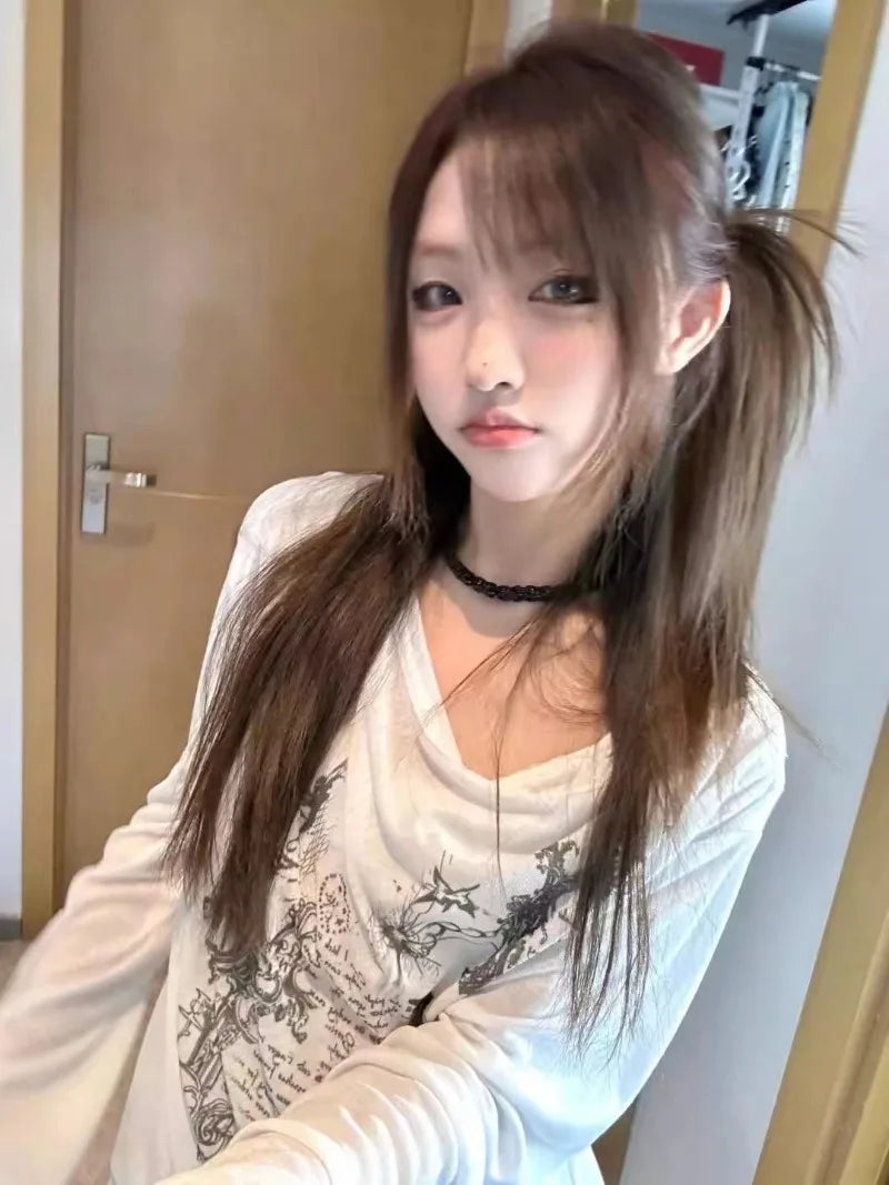 Shirts Graphic Tee Long Sleeve Loose T-shirt Slightly Transparent Thin T Shirt Y2K See Through Tops Women Korean Fashion 2024